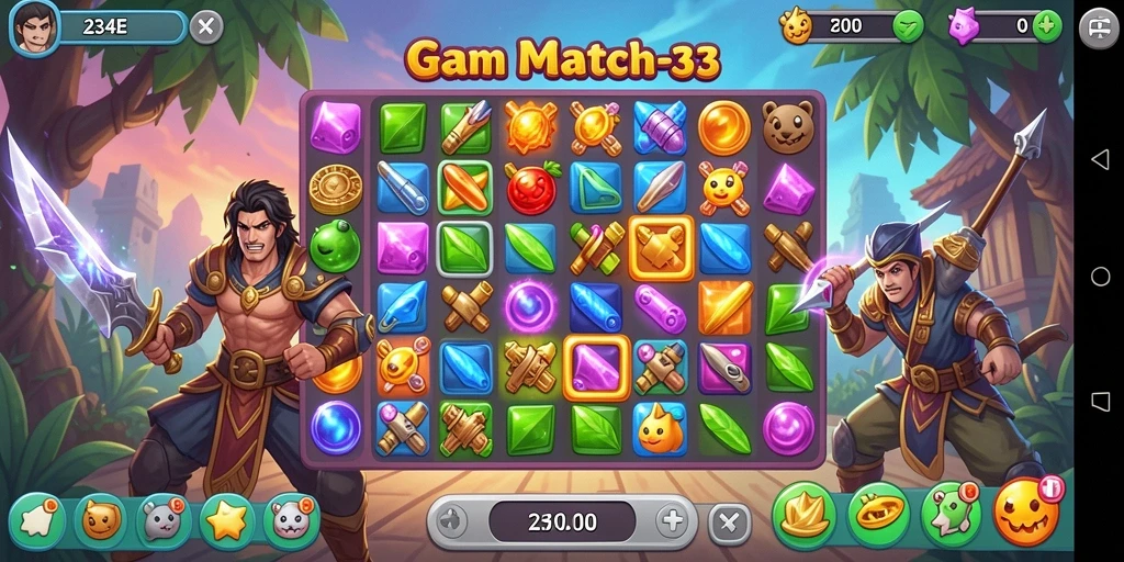 Screenshot 234E menampilkan gameplay seru Match-3 yang menantang.
