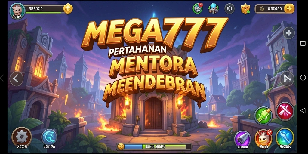 Tampilan gameplay MEGA777 dengan menara dan musuh yang menarik.