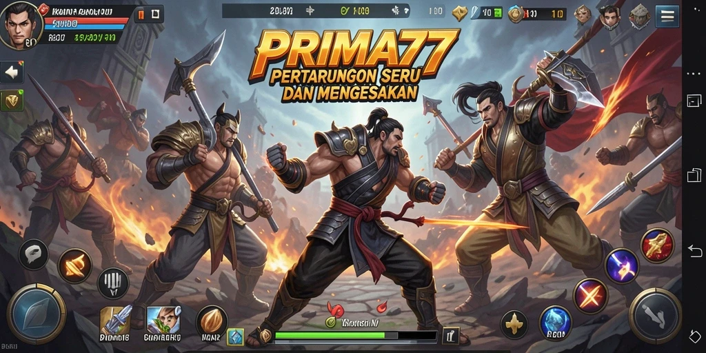 Tangkapan layar PRIMA77 menampilkan aksi pertarungan mendebarkan yang penuh dengan efek visual.