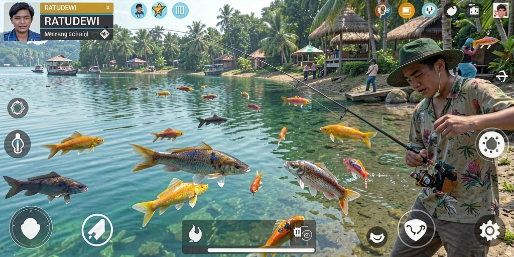Tampilkan gameplay menantang memancing di laut.