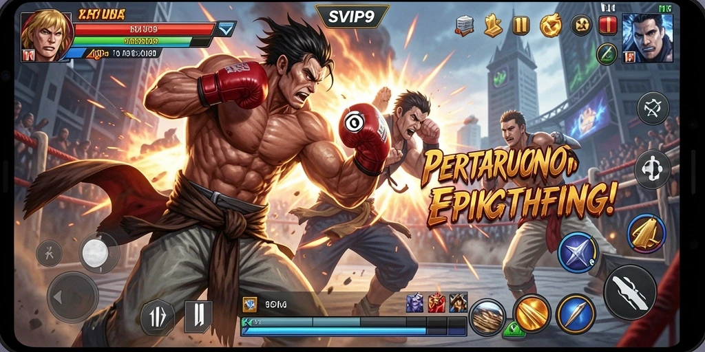 Screenshot gameplay SVIP9 menampilkan aksi pertarungan yang mendebarkan dan karakter yang beragam.