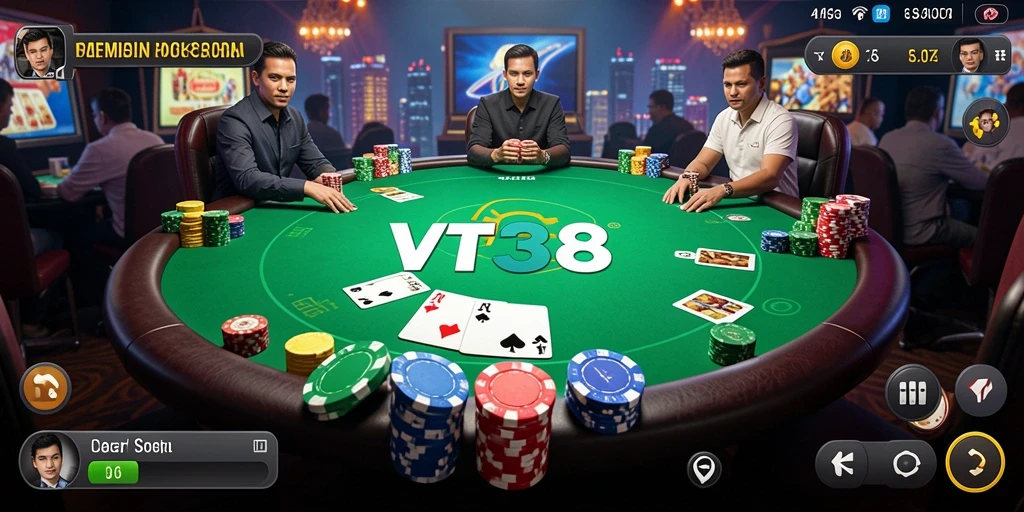 Tampilan gameplay VT38 dengan suasana poker yang intens.